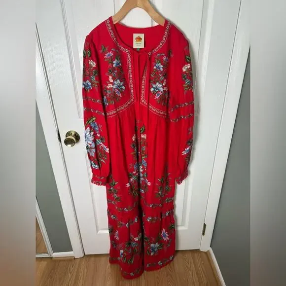 Farm Rio Red Sweet Bloom Bouquet Midi Dress L - Picture 2 of 9